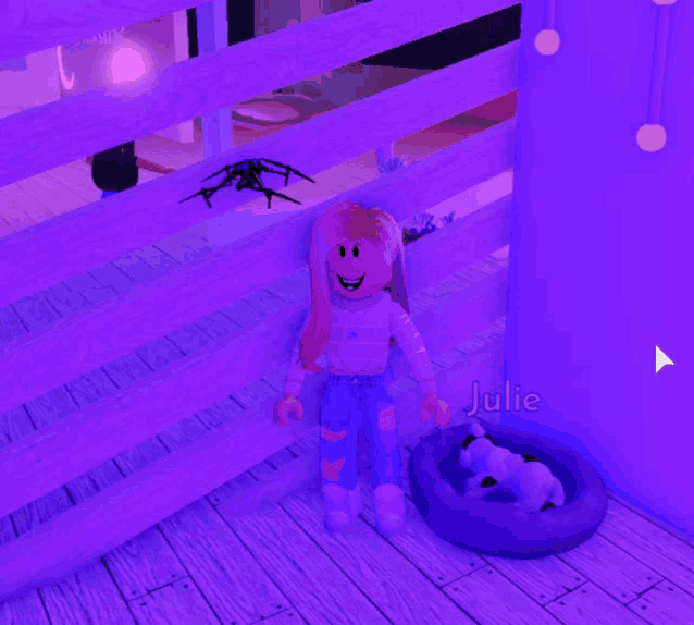 a girl in a video game is standing next to a dog in a purple room