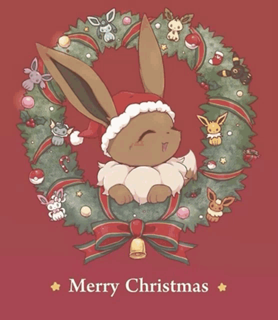 an eevee wearing a santa hat is in a christmas wreath with other eevees