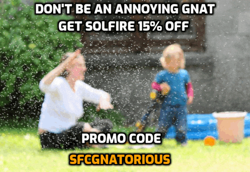 a woman and a child are playing in the rain with a promo code