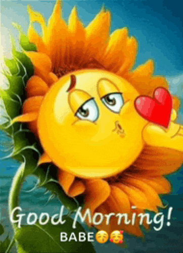 a smiley face is kissing a sunflower with a red heart and says good morning babe .