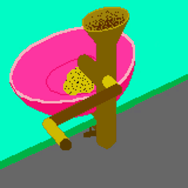 a pixel art drawing of a pink bowl and a wooden post