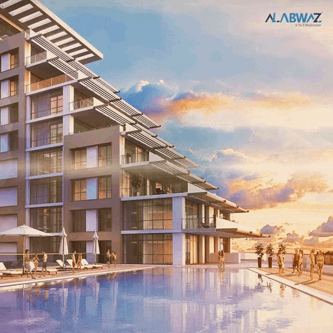 an artist 's impression of a building with a large swimming pool in front of it