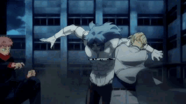 a group of anime characters are standing next to each other in front of a building in a dark room .