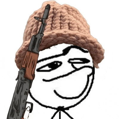 a stick figure wearing a knitted hat and holding a rifle .