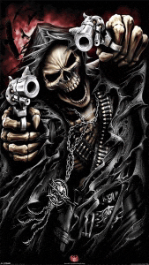 a grim reaper holding two guns in his hands