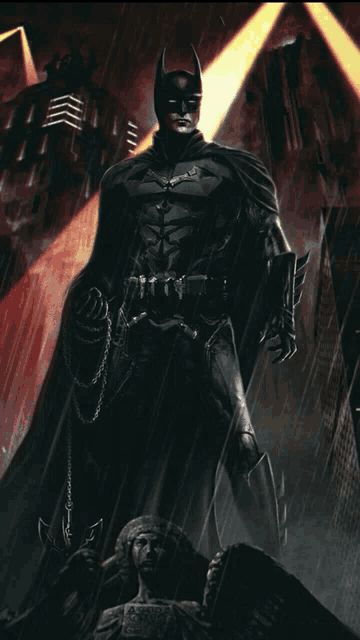 a painting of batman standing in the rain with a statue in the foreground
