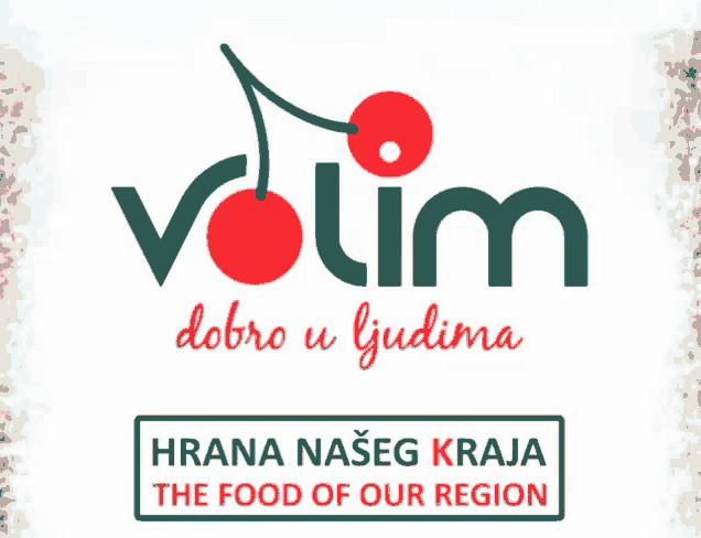 a logo for volim shows a cherry and the words hrana naseg kraja the food of our region