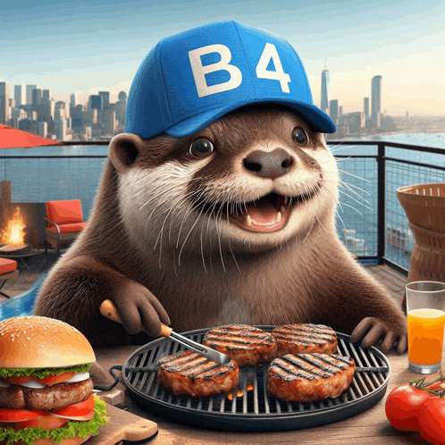 an otter wearing a blue hat with the letter b4