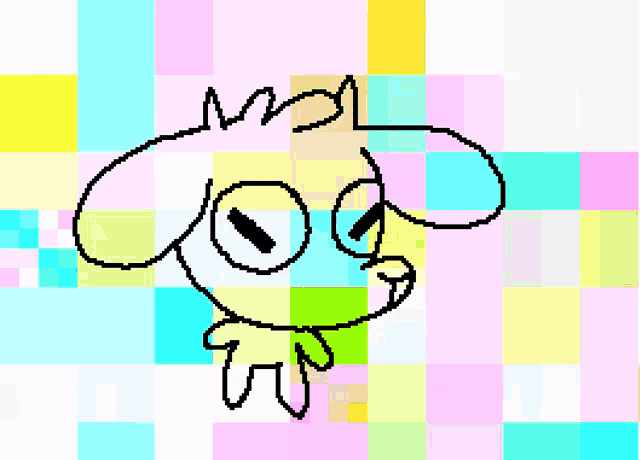 a pixel art drawing of a sheep 's head with a colorful background