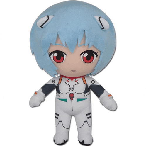 a stuffed toy of a girl with blue hair and a red eye