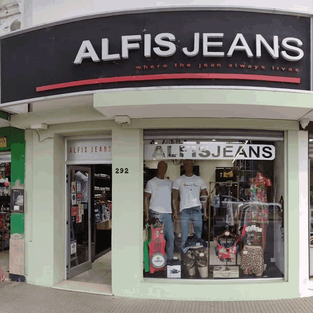 a store front for alfis jeans with mannequins in front