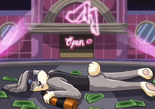 a cartoon rabbit is laying on the ground with a bottle of alcohol in front of an open sign