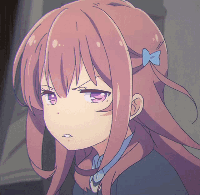 a close up of a girl with pink hair and a blue bow in her hair