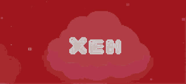 the word xeh is written in pixel art on a red background .