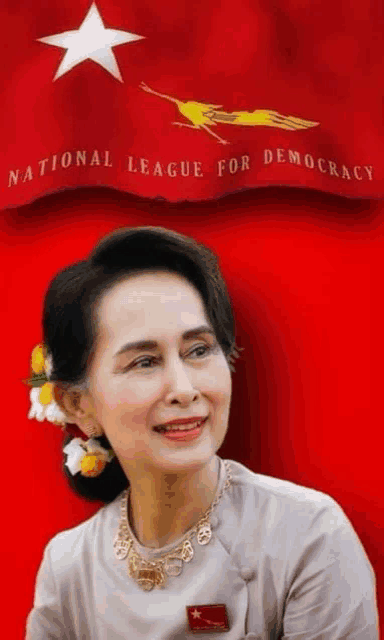 a woman is smiling in front of a flag that says national league for democracy