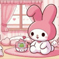 a pink bunny rabbit is sitting on a pink rug in a room .