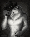 a black and white painting of a wolf wearing a cowboy hat smoking a pipe .