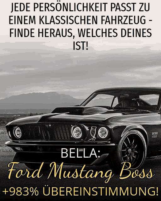 a black and white photo of a ford mustang boss advertisement