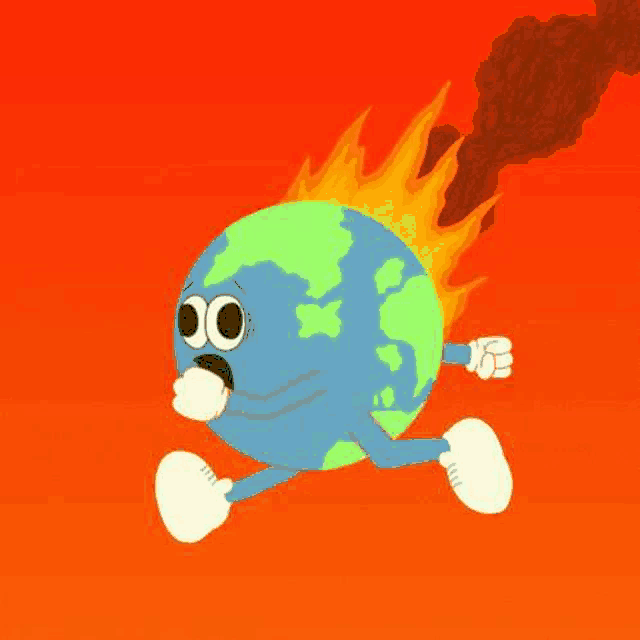 a cartoon illustration of a burning earth with smoke coming out of it .