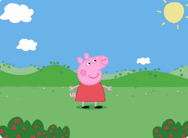 a peppa pig cartoon character stands in a field