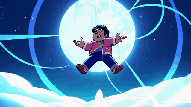 a cartoon character is flying in the air with a full moon in the background