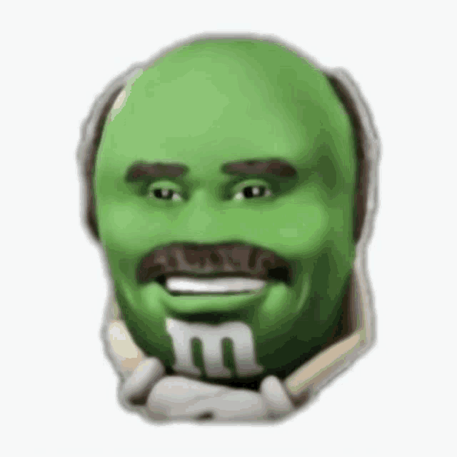 a green m & m 's head with a mustache and a beard is smiling .