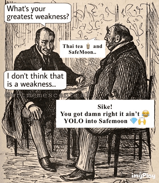 a black and white drawing of two men sitting at a table with speech bubbles saying what 's your greatest weakness