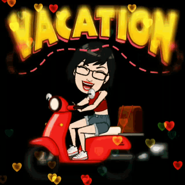a cartoon of a woman riding a red scooter with the word vacation written above her