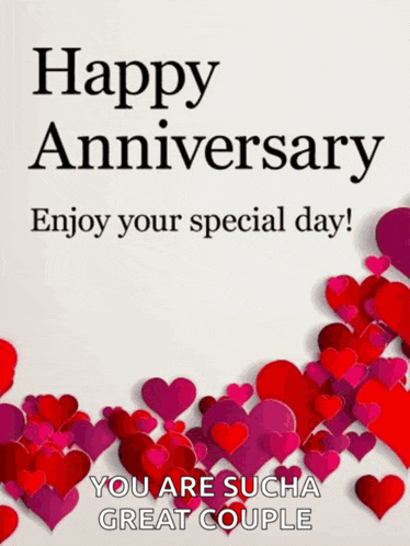 a happy anniversary greeting card with red and pink hearts