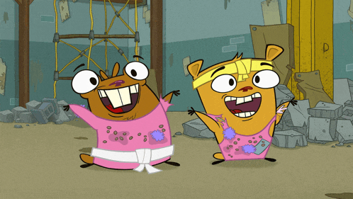 two cartoon characters wearing pink shirts and white belts are standing next to each other