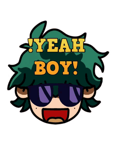 a cartoon of a boy with sunglasses and the words yeah boy on his head