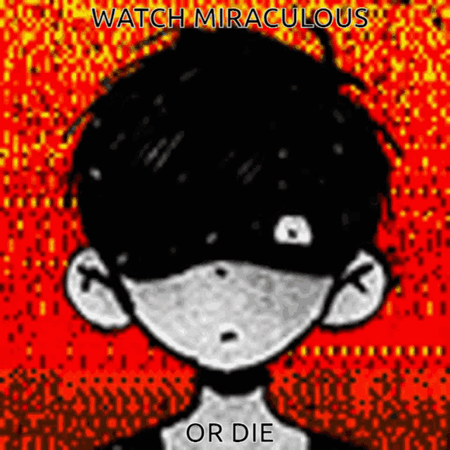 a black and white drawing of a boy with the words watch miraculous or die