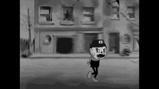 a black and white cartoon character is walking down a street .