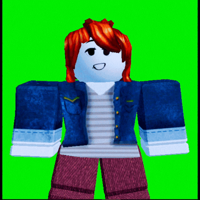 a cartoon character with red hair is wearing a striped shirt and a blue jacket