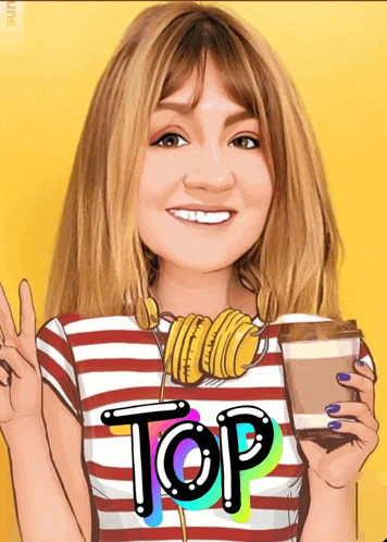 a cartoon drawing of a woman holding a cup of coffee with the word top written on it