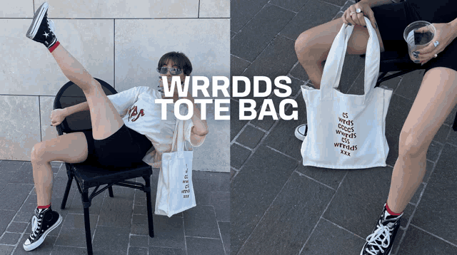 a woman is sitting on a chair holding a white tote bag that says wrrdds tote bag