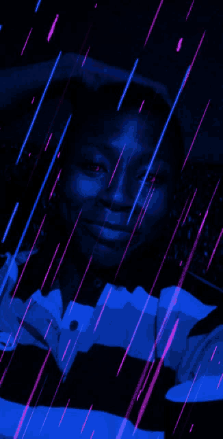 a man in a blue and white striped shirt is surrounded by purple and blue lines