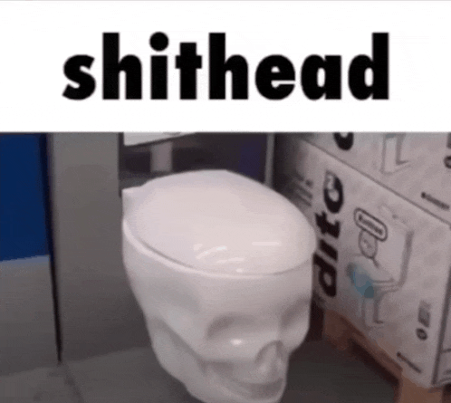 a toilet in the shape of a skull with the word shithead written above it