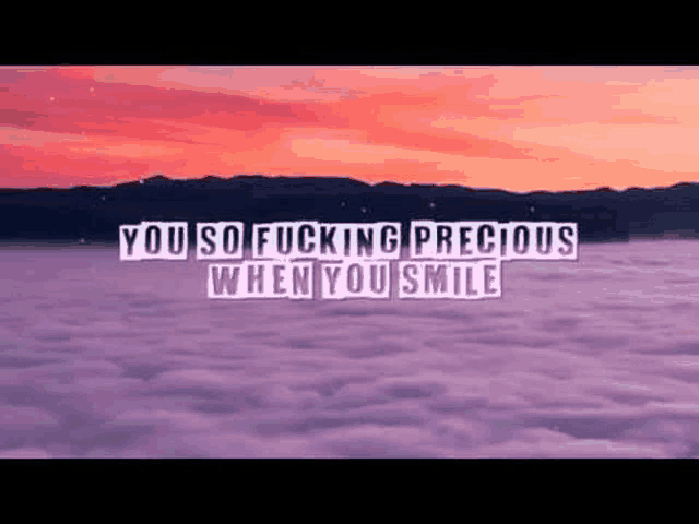 you so fucking precious when you smile is written on a cloudy sky with mountains in the background .