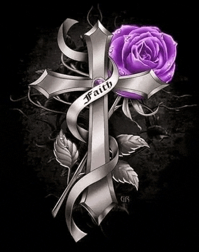 a cross with a purple rose and a ribbon with the word faith on it .