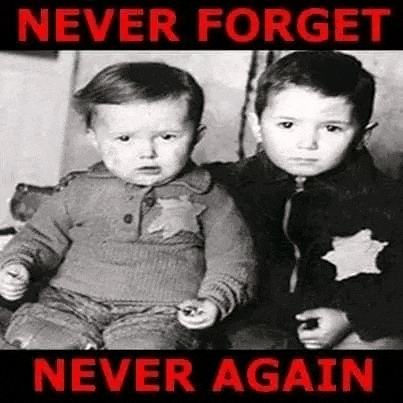 a black and white photo of two young boys sitting next to each other with the words `` never forget never again '' .