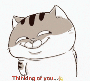 a cartoon cat is smiling with the words thinking of you above it