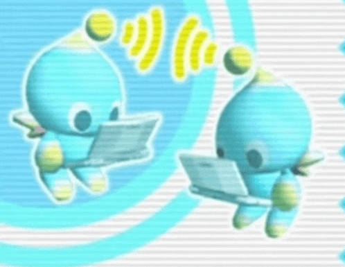 two blue cartoon characters are holding a laptop and a book