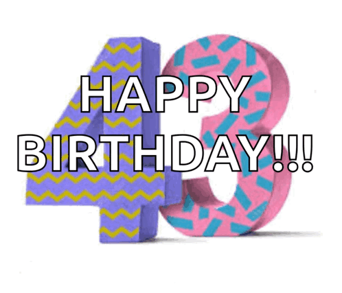 a pink and purple number 43 with the words happy birthday written on it