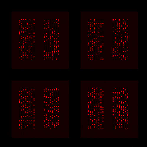 four images of red dots on a black background with the letters eee visible