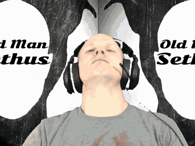 a man wearing headphones stands in front of a sign that says " old man thus "