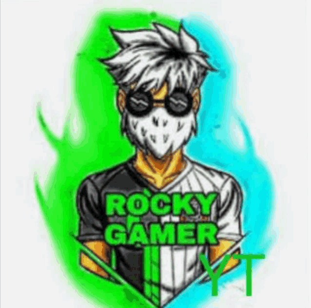 a cartoon of a man wearing a mask and sunglasses with the words `` rocky gamer '' on it .