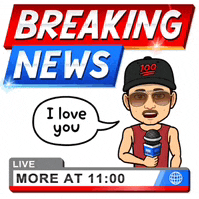 a cartoon man is holding a microphone in front of a breaking news sign that says i love you