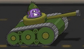 a cartoon purple vegetable is riding in a green tank .