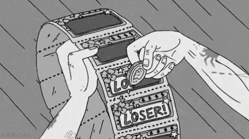 a black and white drawing of a person putting a coin in a machine that says loser